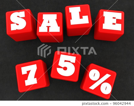 Red toy cubes with 75% discount on asphalt background Red toy cubes with 75% discount on asphalt background 96042944