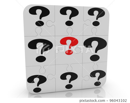 Red question mark between black question marks on white puzzle pieces Red question mark between black question marks on white puzzle pieces 96043102