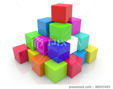 Different color toy blocks stacked on top of each other on white Different color toy blocks stacked on top of each other on white 96043405