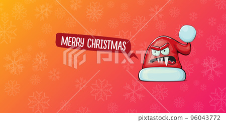 Vector cartoon Santa Claus red hat with smile face isolated on pink horizontal bannner background with snowflakes. Merry Christmas greeting banner with funny monster Santa Claus hat. Santa hat Vector cartoon Santa Claus red hat with smile face isolated on pink horizontal bannner background with snowflakes. Merry Christmas greeting banner with funny monster Santa Claus hat. Santa hat 96043772