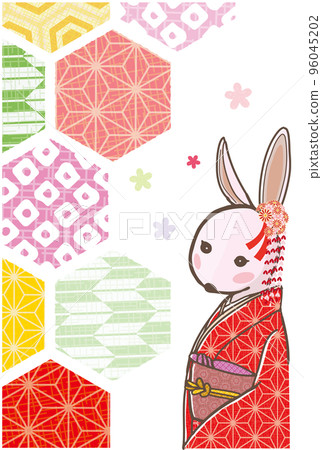 2023 New Year's card Rabbit in Japanese clothes with Japanese pattern 2023 New Year's card Rabbit in Japanese clothes with Japanese pattern 96045202