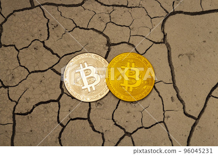 bitcoins in the form of two coins lie on dry cracked ground 96045231