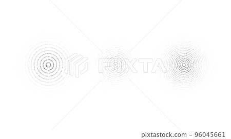 Faded concentric circles set. Dotted grainy rings set. Stippled gradient epicentre, radar or target concept . Grain noise sound wave. Vector stochastic dot work 96045661