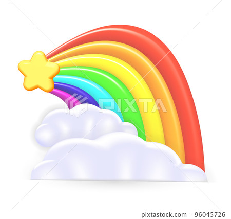 Star With Rainbow arc Tail from clouds. Icon isolated on white background. Fantasy symbol of good luck with glossy 3d star and Rainbow. Sign for Education Party Reaching Success 96045726