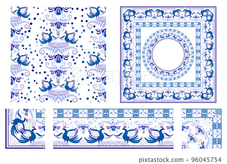 Set of blue elements with floral ornament. Seamless pattern in rustic style Border brush with corner items. Round and square frame Cobalt painting style on ceramic Oriental motifs Set of blue elements with floral ornament. Seamless pattern in rustic style Border brush with corner items. Round and square frame Cobalt painting style on ceramic Oriental motifs 96045754