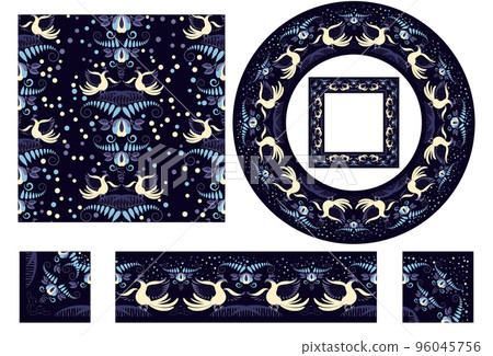 Set of elements in style national cobalt porcelain painting Seamless pattern Border brush with corner items frames Dark Blue floral ornament with birds and flowers Oriental motif rustic ceramic Set of elements in style national cobalt porcelain painting Seamless pattern Border brush with corner items frames Dark Blue floral ornament with birds and flowers Oriental motif rustic ceramic 96045756