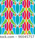 Modern simple geometric seamless pattern with multicolored flowers, Liner hand drawn ornamental background. Motley abstract floral wallpaper, bright tile ornament 96045757