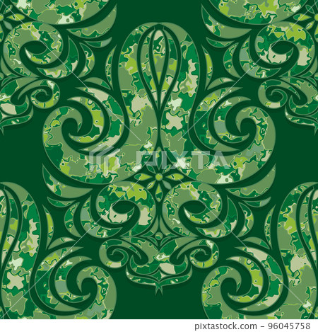 Seamless green damask pattern. Rich ornament with foliage texture old Damascus style ornament for wallpapers, textile, packaging, design of luxury products 96045758