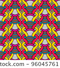 Modern simple geometric seamless pattern with multicolored weave. Liner hand drawn ornamental background. Motley abstract wavy wallpaper, bright tile ornament. 96045761