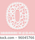 Digit 0 written of white lace isolated on pink background. Pattern brush with corner and end elements and number nil. Border for frame. Lacy item for design card or invitation 96045766
