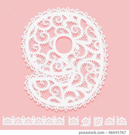 Digit 9 written of white lace isolated on pink background. Pattern brush with corner and end elements and number ninth. Border for frame. Lacy item for design card or invitation 96045767