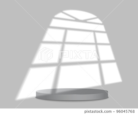 Window Shadow overlay effect and rack. Transparent soft light from window on pedestal. Realistic lightning on background. Frame shadows for natural effects. Blank scene for design 96045768