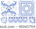 Set of blue elements with floral ornament. Seamless pattern in rustic style. Border brush with corner items. Round and square frame Cobalt painting style on ceramic Oriental asian motifs. 96045769