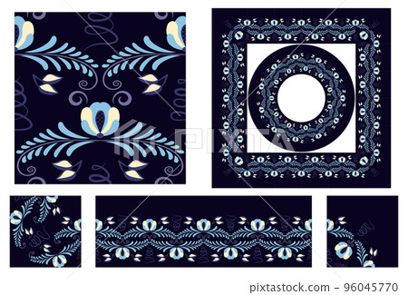 Set of dark elements with floral ornament. Seamless pattern in rural style Border brush with corner items. Blue Round and square frame Cobalt painting style on ceramic Oriental motifs Vector Set of dark elements with floral ornament. Seamless pattern in rural style Border brush with corner items. Blue Round and square frame Cobalt painting style on ceramic Oriental motifs Vector 96045770