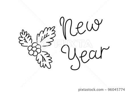 2023 new year lettering poster. The inscription with a sprig of holly. Black outline text, template, banner, card isolated on white background. Cute and drawn doodle modern vector illustration. 2023 new year lettering poster. The inscription with a sprig of holly. Black outline text, template, banner, card isolated on white background. Cute and drawn doodle modern vector illustration. 96045774
