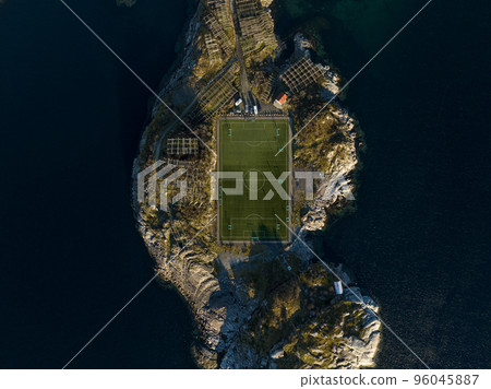 Incredible aerial view of Henningsvaer, football field. Incredible aerial view of Henningsvaer, football field. 96045887