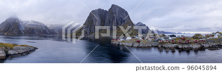 Aerial view of Reine in winter. Top view of Lofoten islands, Norway. 96045894