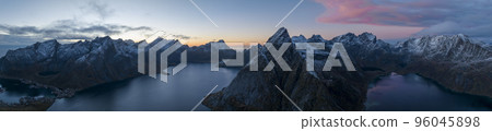 Aerial view of Reine in winter. Top view of Lofoten islands, Norway. 96045898