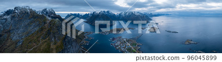 Aerial view of Reine in winter. Top view of Lofoten islands, Norway. 96045899