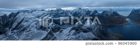 Aerial view of Reine in winter. Top view of Lofoten islands, Norway. 96045900