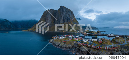 Aerial view of Reine in winter. Top view of Lofoten islands, Norway. 96045904
