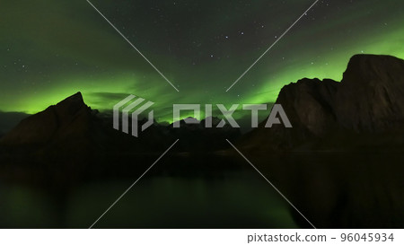 Panorama of the Aurora borealis over the mountains. Panorama of the Aurora borealis over the mountains. 96045934