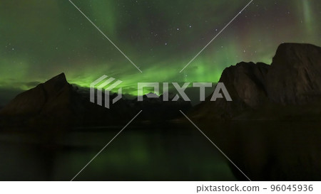 Panorama of the Aurora borealis over the mountains. Panorama of the Aurora borealis over the mountains. 96045936