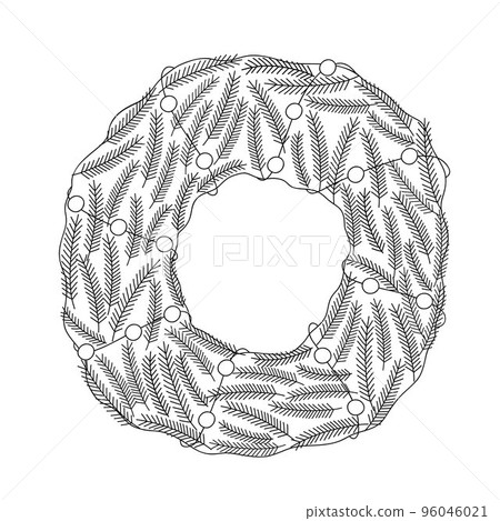 Christmas decorative festive lights garland, fir-tree branches doodle outline vector illustration, holiday celebration garland for greeting card, poster, home decor traditional seasonal elements 96046021
