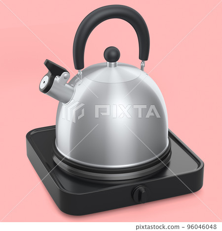 Portable camping electric stove and kettle with whistle on pink background. 96046048