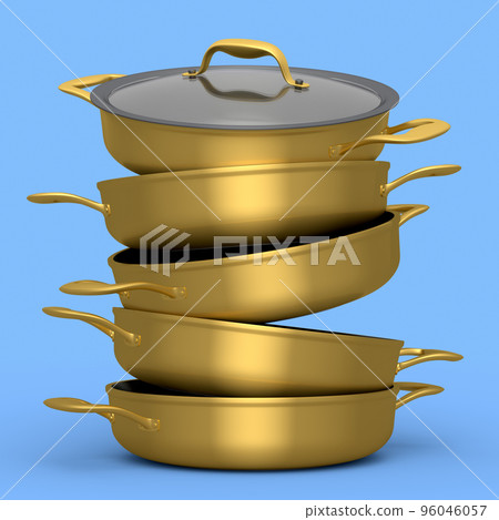 Set of stainless steel stewpot and chrome plated cookware on blue background Set of stainless steel stewpot and chrome plated cookware on blue background 96046057