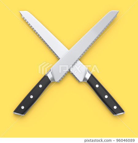 Set of chef's kitchen knives with a wooden handle isolated on yellow background. Set of chef's kitchen knives with a wooden handle isolated on yellow background. 96046089