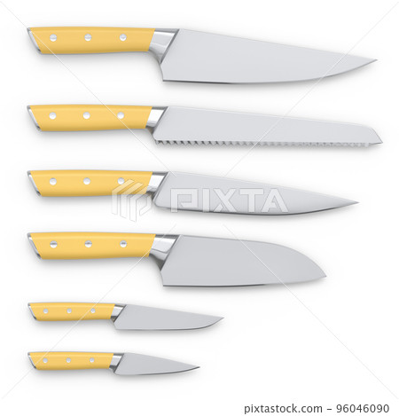 Set of chef's kitchen knives with a wooden handle isolated on white background. 96046090