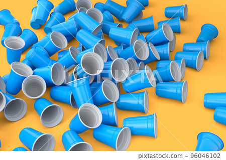 Heap of disposable utensils like plate, folk, spoon,knife and cup on yellow Heap of disposable utensils like plate, folk, spoon,knife and cup on yellow 96046102