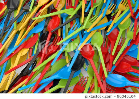 Heap of disposable utensils like spoon, fork and knife on white background. Heap of disposable utensils like spoon, fork and knife on white background. 96046104