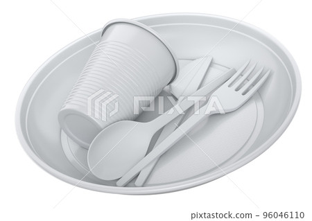 Set of disposable utensils like plate, folk, spoon,knife and cup on white. 96046110