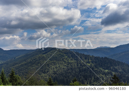 Beautiful panoramic views of the Carpathian Mountains from Uzhotsky pass high peak mountain in Ukrainian Carpathians Mountains 96046180