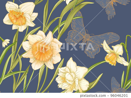 Daffodils and tulips flowers, the early spring flowers. Seamless pattern 96046201