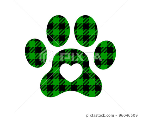 Dog paw silhouette with black and green Christmas buffalo pattern. Canine footprint with gingham checkered print. Vector flat illustration Dog paw silhouette with black and green Christmas buffalo pattern. Canine footprint with gingham checkered print. Vector flat illustration 96046509