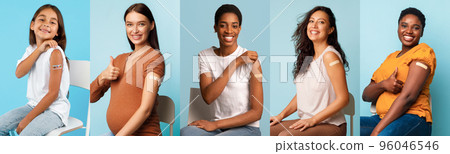 Collection of multiethnic group of females showing their arm bands Collection of multiethnic group of females showing their arm bands 96046546