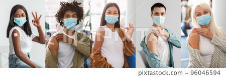 International group of people in face masks got vaccinated, collage International group of people in face masks got vaccinated, collage 96046594