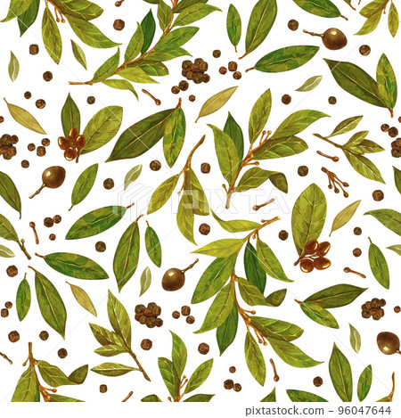 Seamless pattern bay leaves branches watercolor isolated on white background for all prints. 96047644