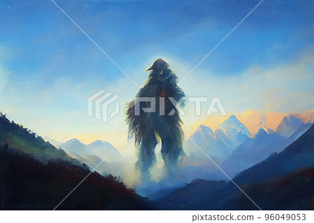 Huge bigfoot in the mountains. Abstract painting. Imitation of oil painting. Digital illustration. Huge bigfoot in the mountains. Abstract painting. Imitation of oil painting. Digital illustration. 96049053
