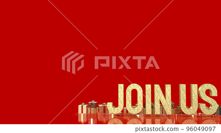 gold join us and gift box on red background 3d rendering gold join us and gift box on red background 3d rendering 96049097
