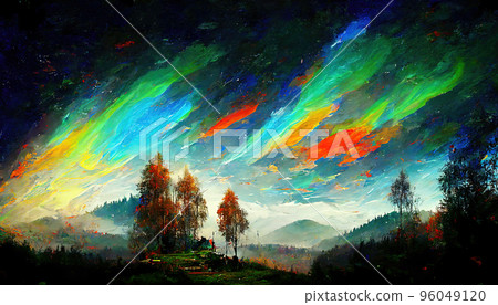 Northern lights in the sky over the forest and mountains. Digital illustration. 96049120