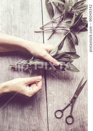 Hands making white sage smudge stick, natural incense for home and meditation, Hands making white sage smudge stick, natural incense for home and meditation, 96049342