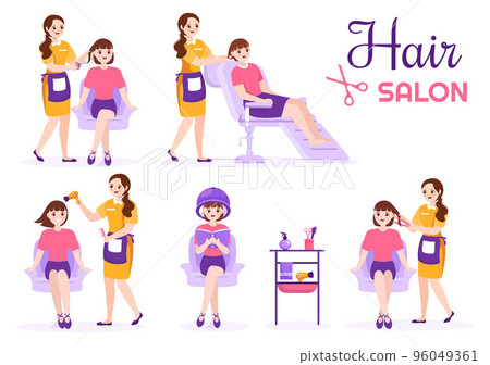 Hair Salon with Hairdresser, Haircut, Haircare and Hairstyle in Beauty Salon or Barber in Flat Cartoon Hand Drawn Templates Illustration 96049361