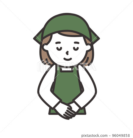 一個穿著圍裙的年輕女子微笑著鞠躬的插圖 96049858
