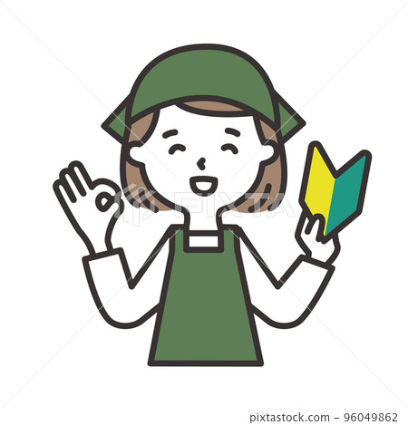Recruitment illustration of a young woman in an apron with a beginner's mark and a triangular bandage Recruitment illustration of a young woman in an apron with a beginner's mark and a triangular bandage 96049862