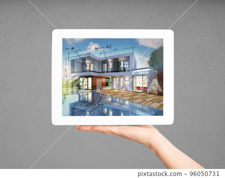 3D Rendering Architect showing new house project with tablet 3D Rendering Architect showing new house project with tablet 96050731