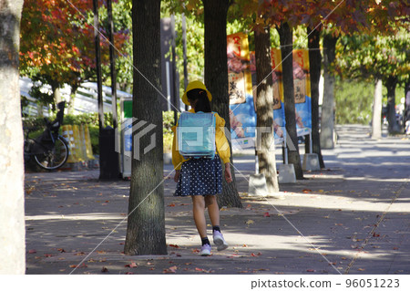 深秋落葉中小學生放學回家,秋光透過樹葉 深秋落葉中小學生放學回家,秋光透過樹葉 96051223